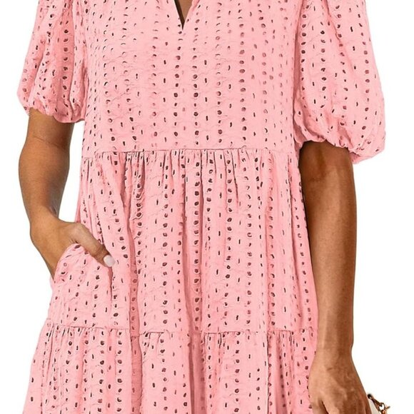 Dresses & Skirts - Eyelet Summer Dresses for Women 2025 Mini Casual Hollow Out Short Sleeve Lace Ti